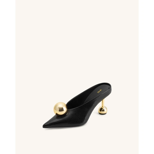 JW PEI Sofia Angled Vamp Snakeskin Heel Mules in Black | Mules | Coveti