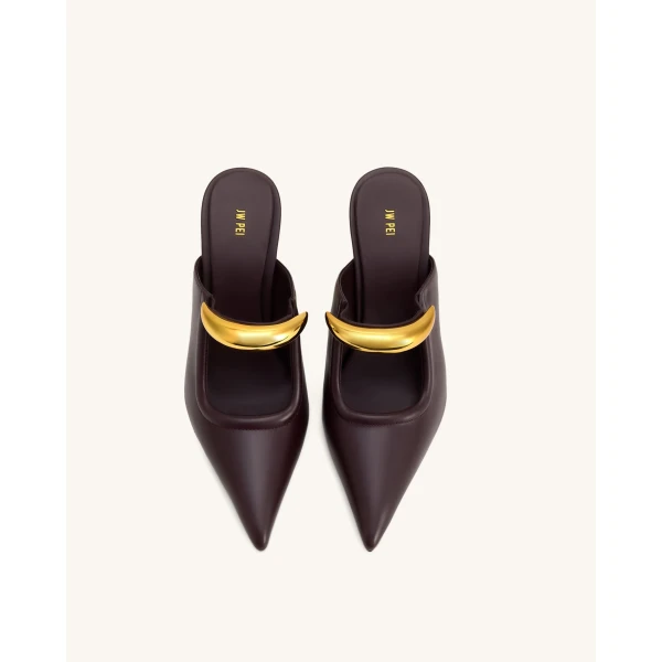 JW PEI Sofia Metal Accent Sphere Heel Mules in Deep Burgundy | Mules | Coveti
