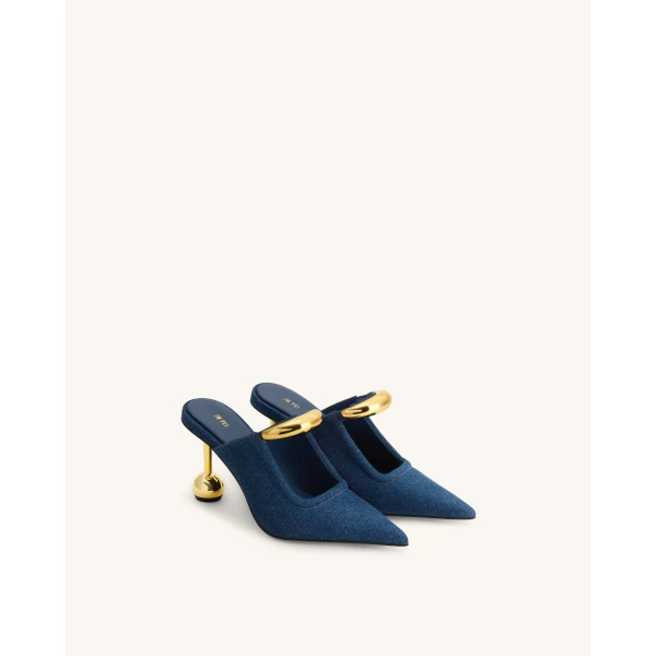 JW PEI Sofia Metal Accent Sphere Heel Mules in Denim Blue | Mules | Coveti