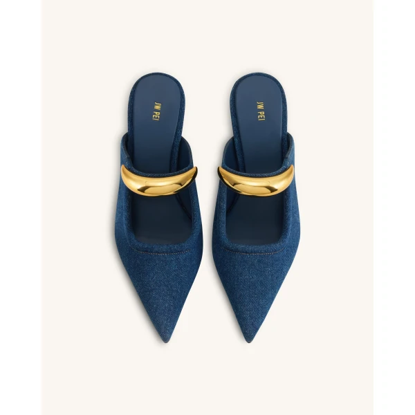 JW PEI Sofia Metal Accent Sphere Heel Mules in Denim Blue | Mules | Coveti