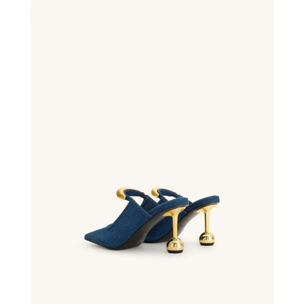 JW PEI Sofia Metal Accent Sphere Heel Mules in Denim Blue | Mules | Coveti