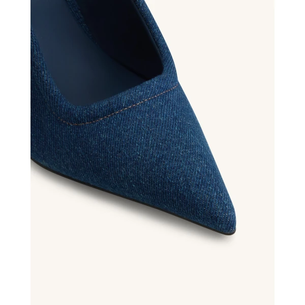 JW PEI Sofia Metal Accent Sphere Heel Mules in Denim Blue | Mules | Coveti