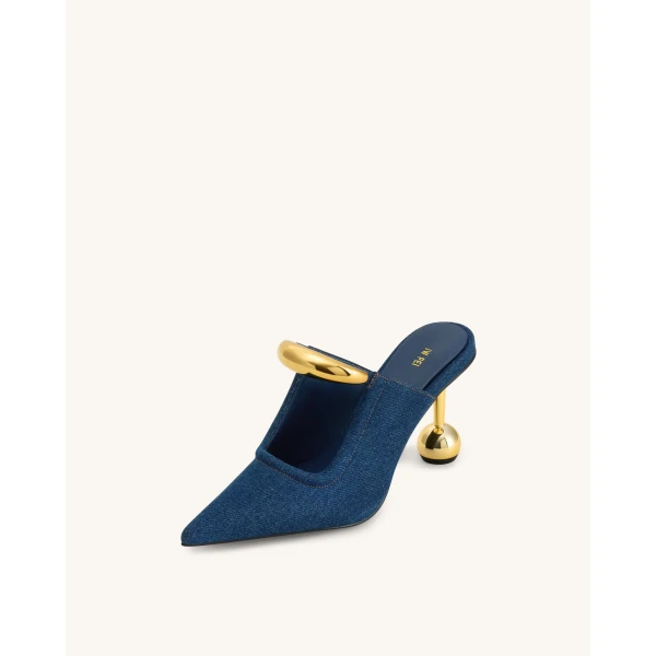 JW PEI Sofia Metal Accent Sphere Heel Mules in Denim Blue | Mules | Coveti