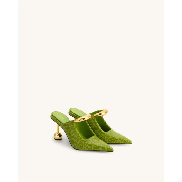 JW PEI Sofia Metal Accent Sphere Heel Mules in Green | Mules | Coveti