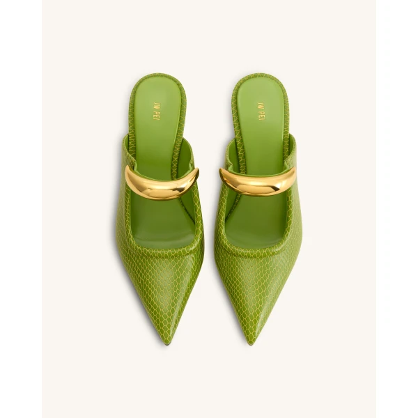 JW PEI Sofia Metal Accent Sphere Heel Mules in Green | Mules | Coveti