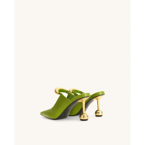 JW PEI Sofia Metal Accent Sphere Heel Mules in Green | Mules | Coveti