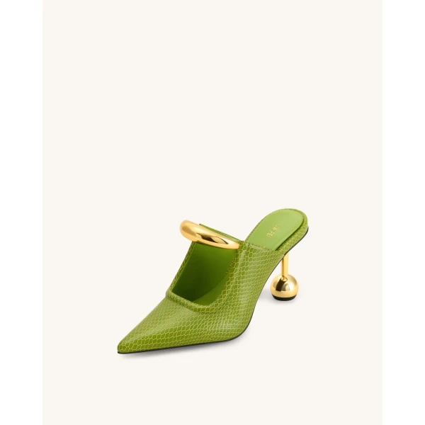 JW PEI Sofia Metal Accent Sphere Heel Mules in Green | Mules | Coveti