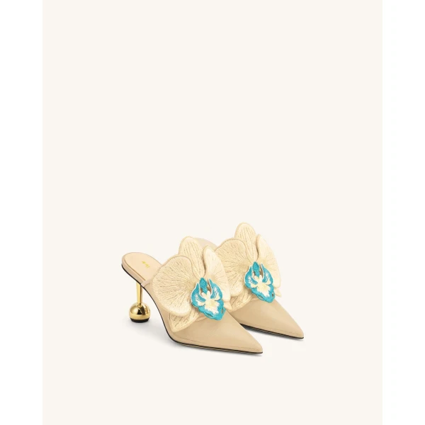 JW PEI Sofia Orchid Sphere Heel Mules in Beige | Mules | Coveti