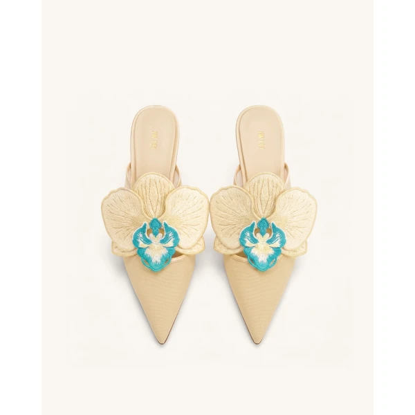 JW PEI Sofia Orchid Sphere Heel Mules in Beige | Mules | Coveti