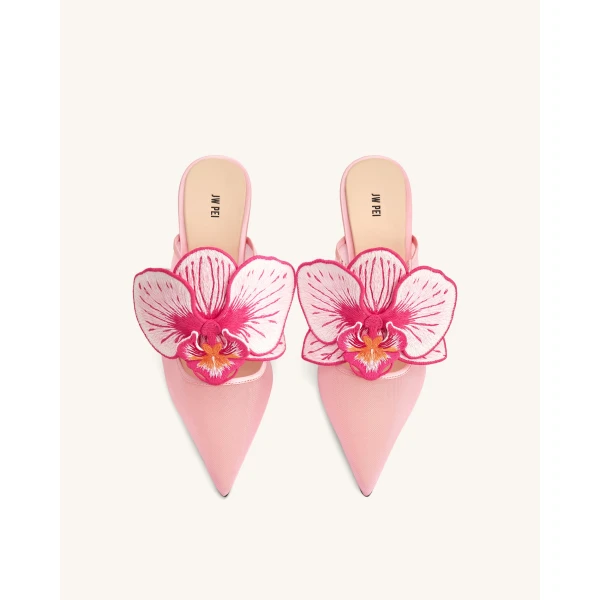 JW PEI Sofia Orchid Sphere Heel Mules in Pink | Mules | Coveti