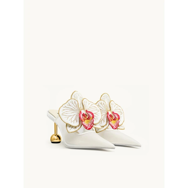 JW PEI Sofia Orchid Sphere Heel Mules in White | Mules | Coveti