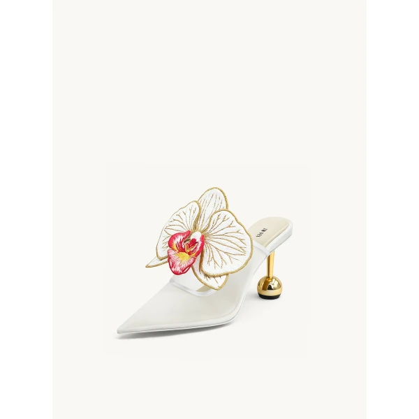 JW PEI Sofia Orchid Sphere Heel Mules in White | Mules | Coveti