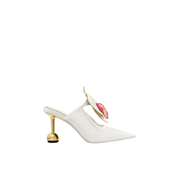 JW PEI Sofia Orchid Sphere Heel Mules in White | Mules | Coveti