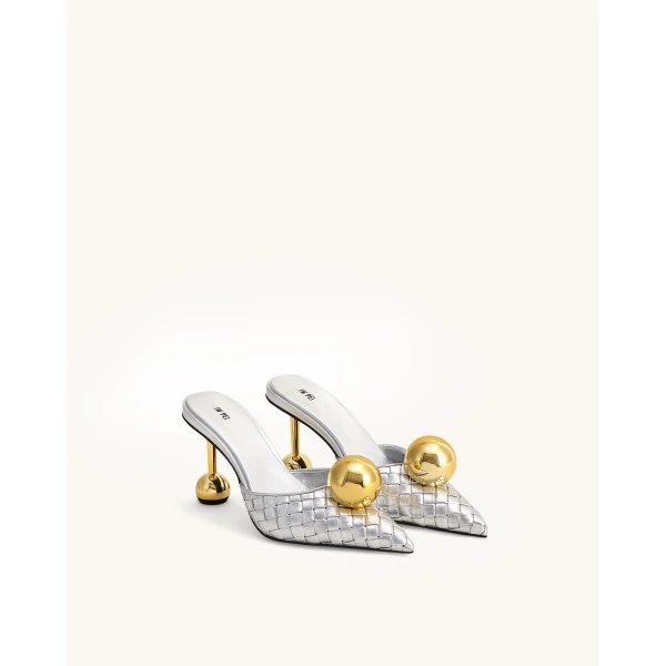 JW PEI Sofia Woven Sphere Heel Mules in Silver & Gold | Mules | Coveti