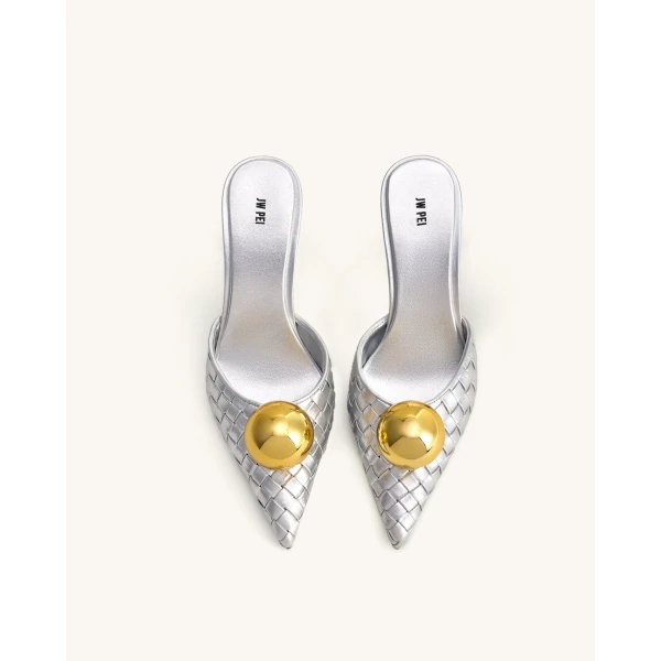 JW PEI Sofia Woven Sphere Heel Mules in Silver & Gold | Mules | Coveti