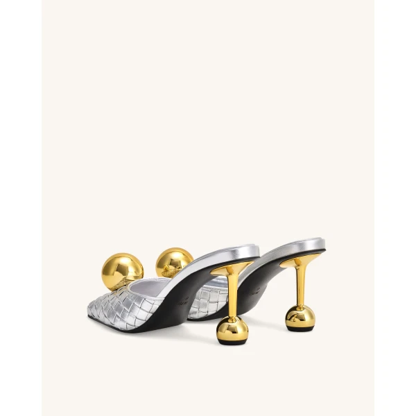JW PEI Sofia Woven Sphere Heel Mules in Silver & Gold | Mules | Coveti
