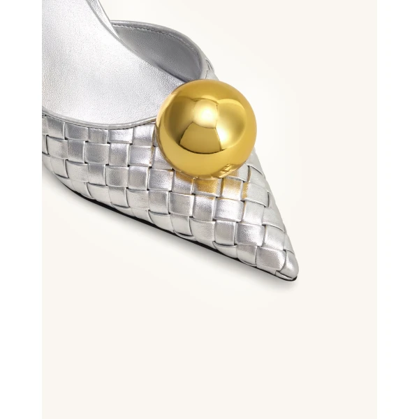 JW PEI Sofia Woven Sphere Heel Mules in Silver & Gold | Mules | Coveti