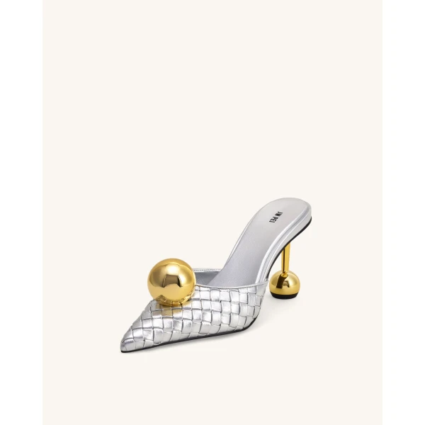 JW PEI Sofia Woven Sphere Heel Mules in Silver & Gold | Mules | Coveti
