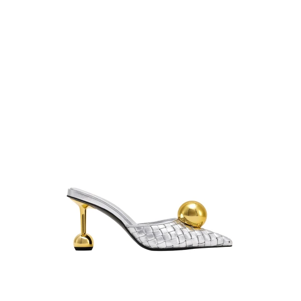 JW PEI Sofia Woven Sphere Heel Mules in Silver & Gold | Mules | Coveti