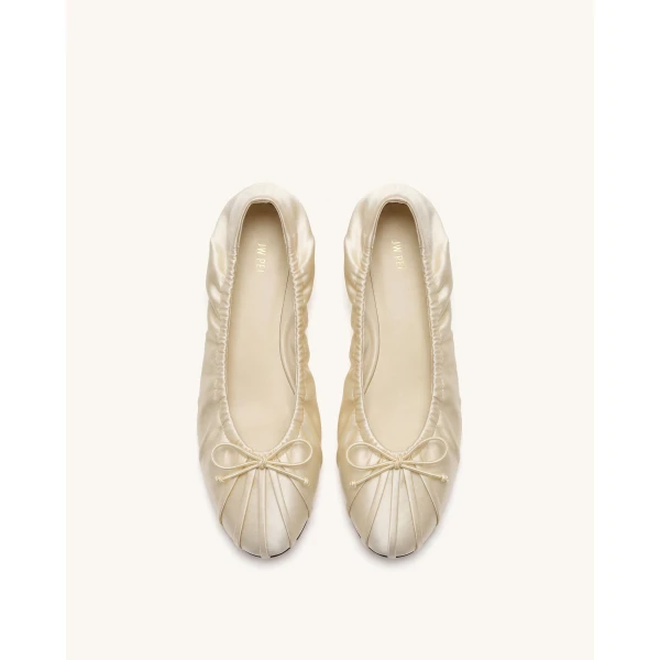 JW PEI Solenne Ruched Drawstring Satin Ballet Flats in Beige | Flats | Coveti