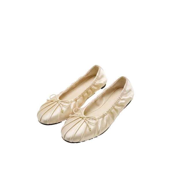 JW PEI Solenne Ruched Drawstring Satin Ballet Flats in Beige | Flats | Coveti