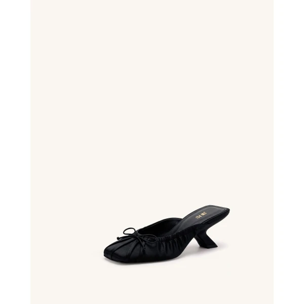 JW PEI Solenne Satin Bow Ruched Mules in Black | Mules | Coveti
