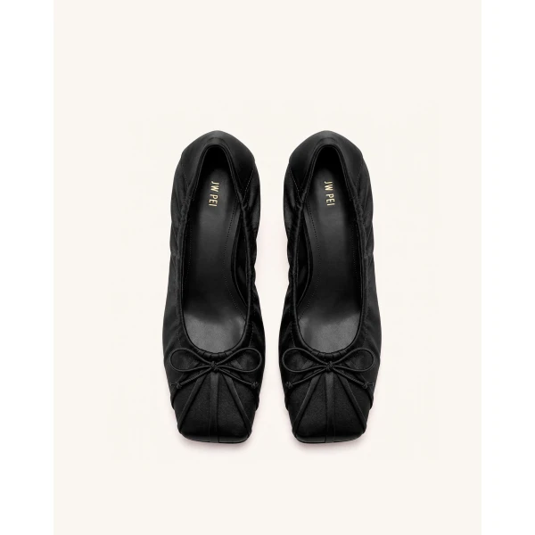 JW PEI Solenne Satin Bow Ruched Pumps in Black | Heels | Coveti