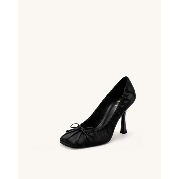 JW PEI Solenne Satin Bow Ruched Pumps in Black | Heels | Coveti