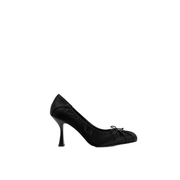 JW PEI Solenne Satin Bow Ruched Pumps in Black | Heels | Coveti