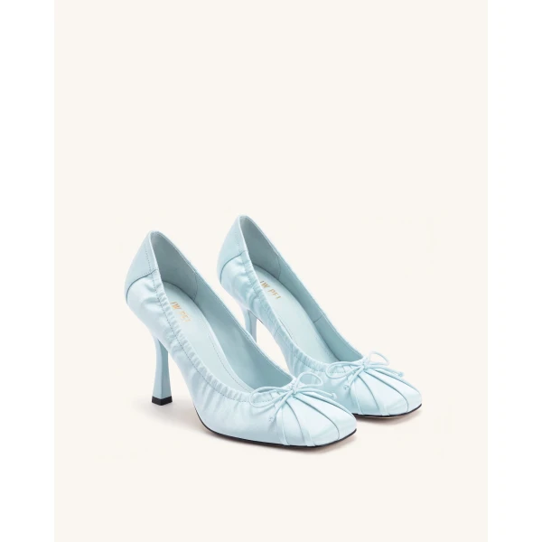 JW PEI Solenne Satin Bow Ruched Pumps in Blue | Heels | Coveti