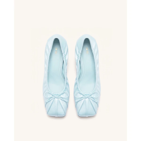 JW PEI Solenne Satin Bow Ruched Pumps in Blue | Heels | Coveti