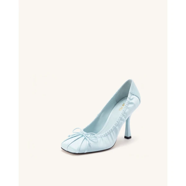 JW PEI Solenne Satin Bow Ruched Pumps in Blue | Heels | Coveti