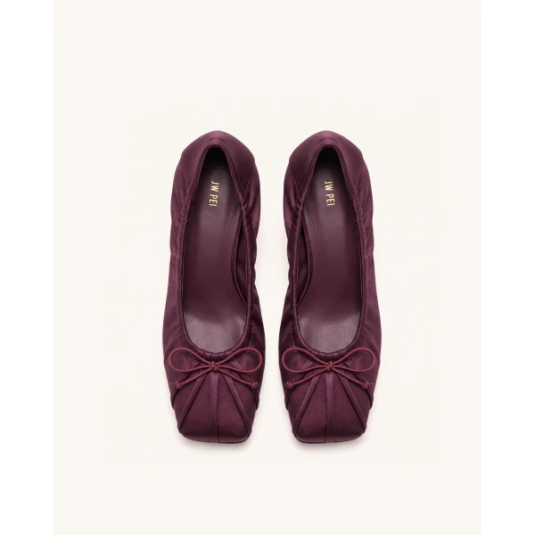 JW PEI Solenne Satin Bow Ruched Pumps in Burgundy | Heels | Coveti