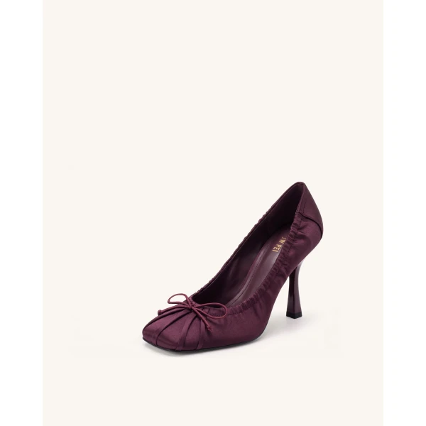 JW PEI Solenne Satin Bow Ruched Pumps in Burgundy | Heels | Coveti