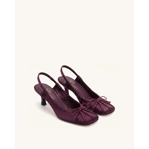 JW PEI Solenne Satin Bow Ruched Slingback Pumps in Burgundy | Heels | Coveti