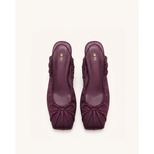 JW PEI Solenne Satin Bow Ruched Slingback Pumps in Burgundy | Heels | Coveti