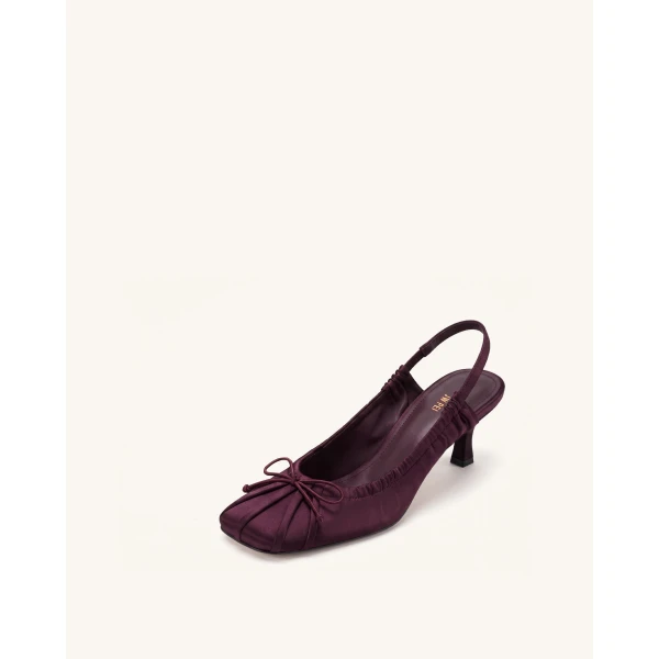JW PEI Solenne Satin Bow Ruched Slingback Pumps in Burgundy | Heels | Coveti