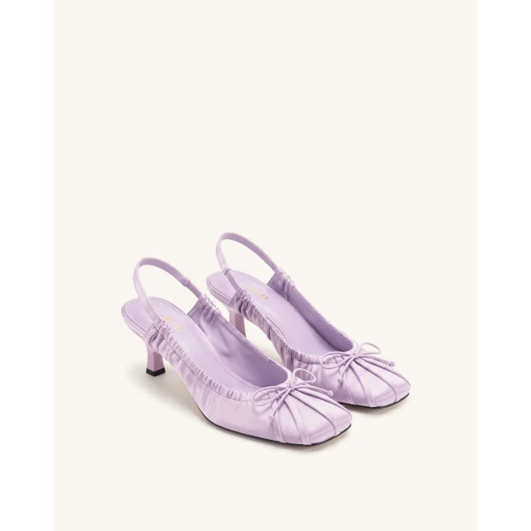 JW PEI Solenne Satin Bow Ruched Slingback Pumps in Purple | Heels | Coveti