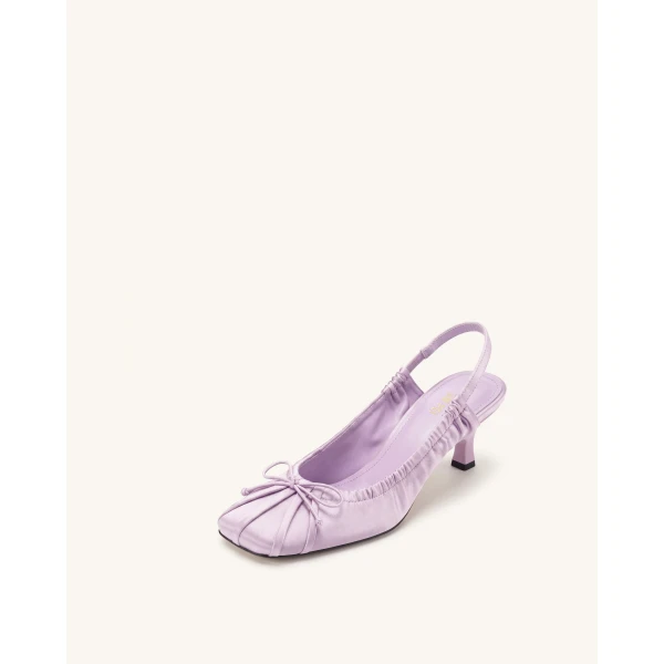 JW PEI Solenne Satin Bow Ruched Slingback Pumps in Purple | Heels | Coveti