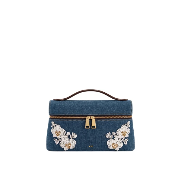 JW PEI Thea Beaded Floral Top Handle Bag in Dark Blue Denim | Totes & Top-Handle Bags | Coveti