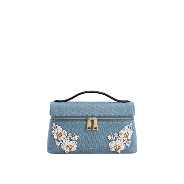 JW PEI Thea Beaded Floral Top Handle Bag in Light Blue Denim | Totes & Top-Handle Bags | Coveti