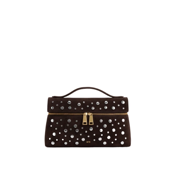 JW PEI Thea Faux Suede Studded Top Handle Bag in Dark Caramel | Totes & Top-Handle Bags | Coveti