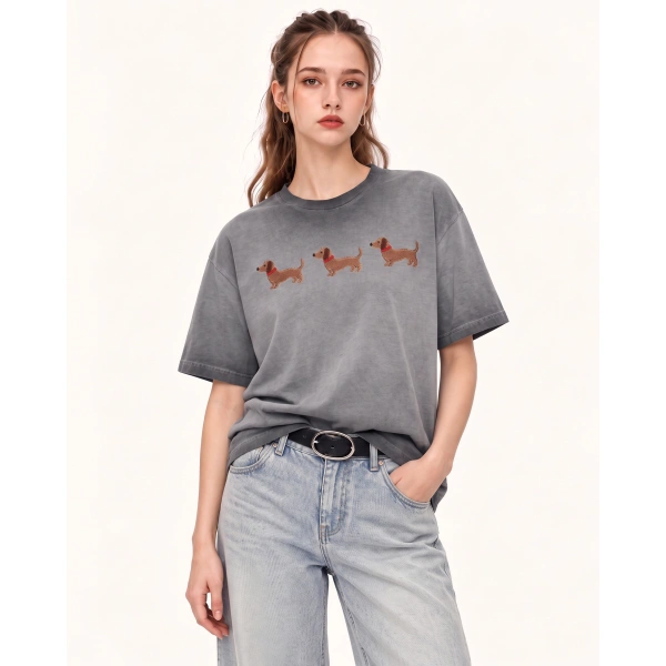 JW PEI Triple Dachshund Embroidered Boxy Tee in Washed Grey | Tops | Coveti