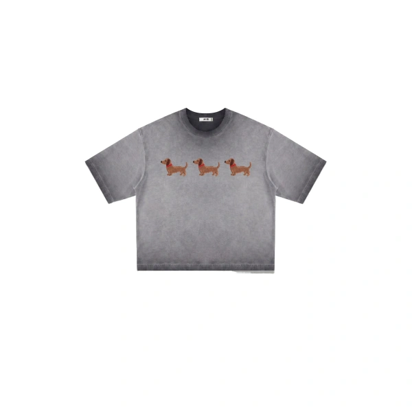 Triple Dachshund Embroidered Boxy Tee in Washed Grey