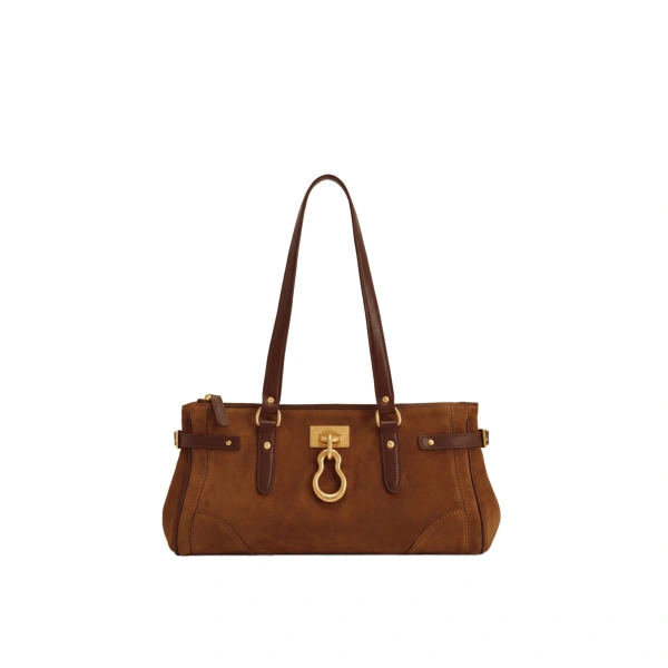 Yvette Faux Suede Elongated Tote Bag in Caramel Brown