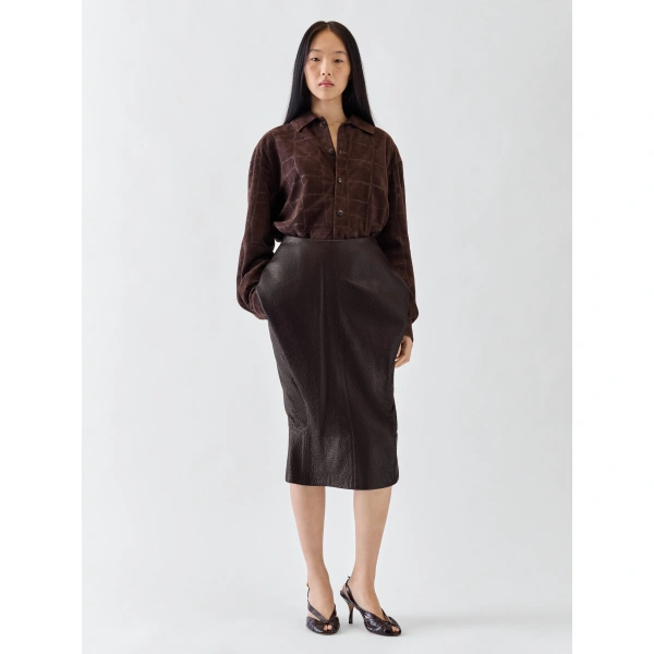 Jacquemus The Cubisto Leather Skirt in Dark Brown | Leather Skirts | Coveti