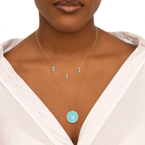 Jennifer Meyer 3 Diamond Bezel with Turquoise Marquise Dangle Necklace in 18K Yellow Gold | Fine Necklaces | Coveti