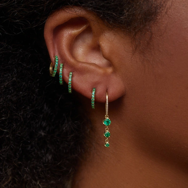 Jennifer Meyer 3 Graduated Illusion Set Emerald Earrings in 18K Yellow Gold | Fine Earrings | Coveti