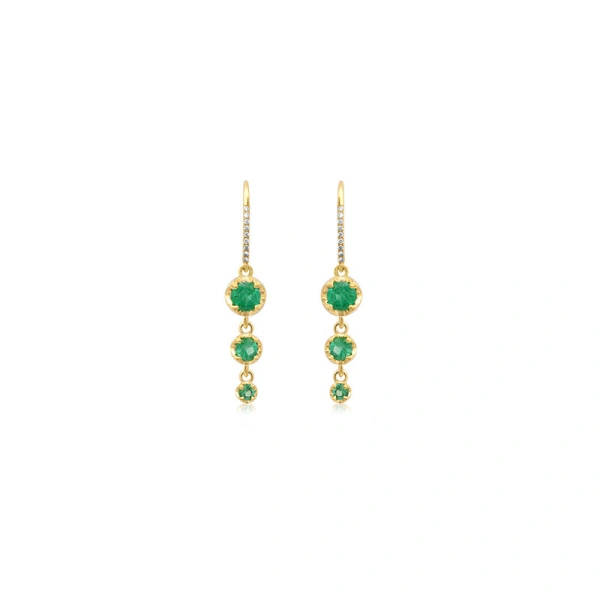 Jennifer Meyer 3 Graduated Illusion Set Emerald Earrings in 18K Yellow Gold | Fine Earrings | Coveti