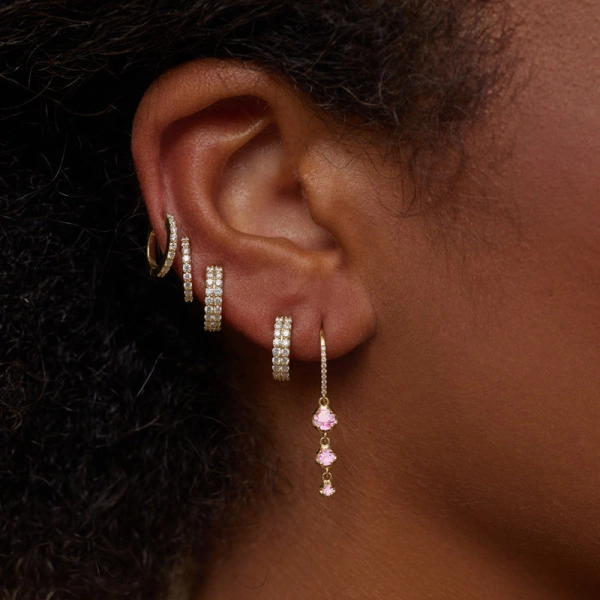 Jennifer Meyer 3 Graduated Illusion Set Pink Sapphire Earrings in 18K Yellow Gold | Fine Earrings | Coveti
